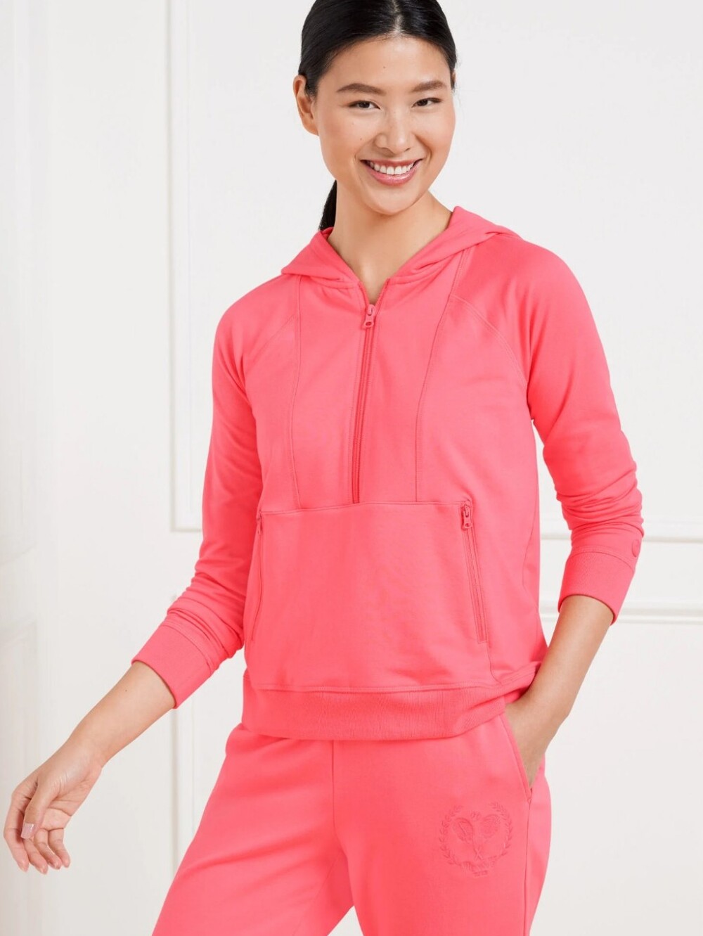 Talbots Coral French Terry UPF 50+ Coastal Preppy Activewear Half-Zip Hoodie M